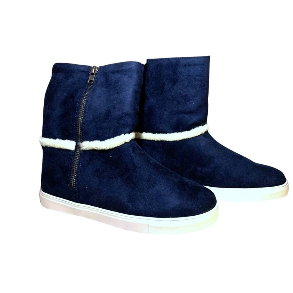 JustFab Romella Navy Faux Suede Boots With Faux Fur Lining & Side Zipper Size 11 - Picture 2 of 8